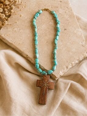 Vintage Imitation Turquoise Bead Wooden Cross Necklace • Rustic Boho Christian